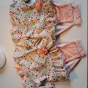 Baby Girl Floral Fruit Print Ruffle Trim One Piece Swin Jumpsuit Set of 2